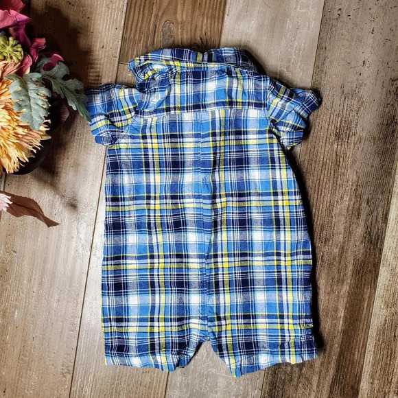 Carter's Baby Boy Size 6m Blue Yellow Plaid Romper Shortall 100% Cotton EUC - Picture 3 of 9